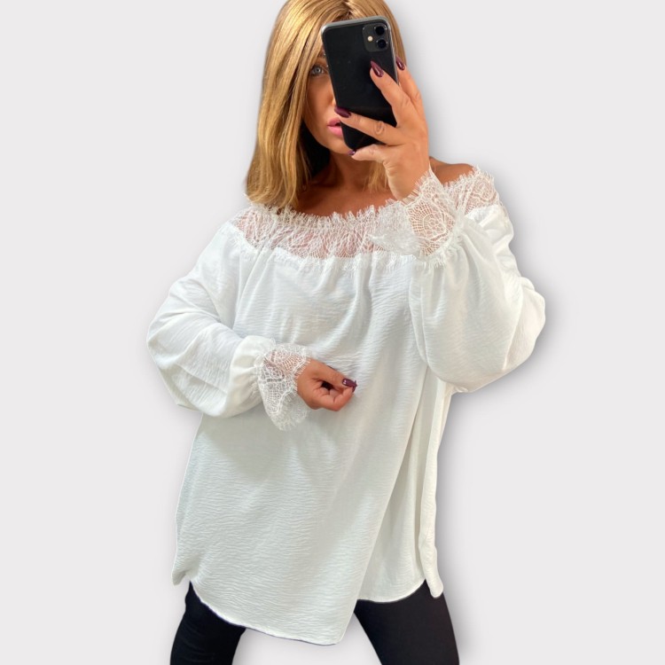 Bluzka Hiszpanka z Koronką Biała CALIENA Plus Size – zdjęcie 4