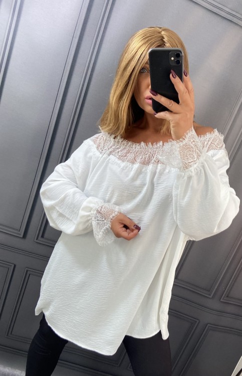 Bluzka Hiszpanka z Koronką Biała CALIENA Plus Size – zdjęcie 6