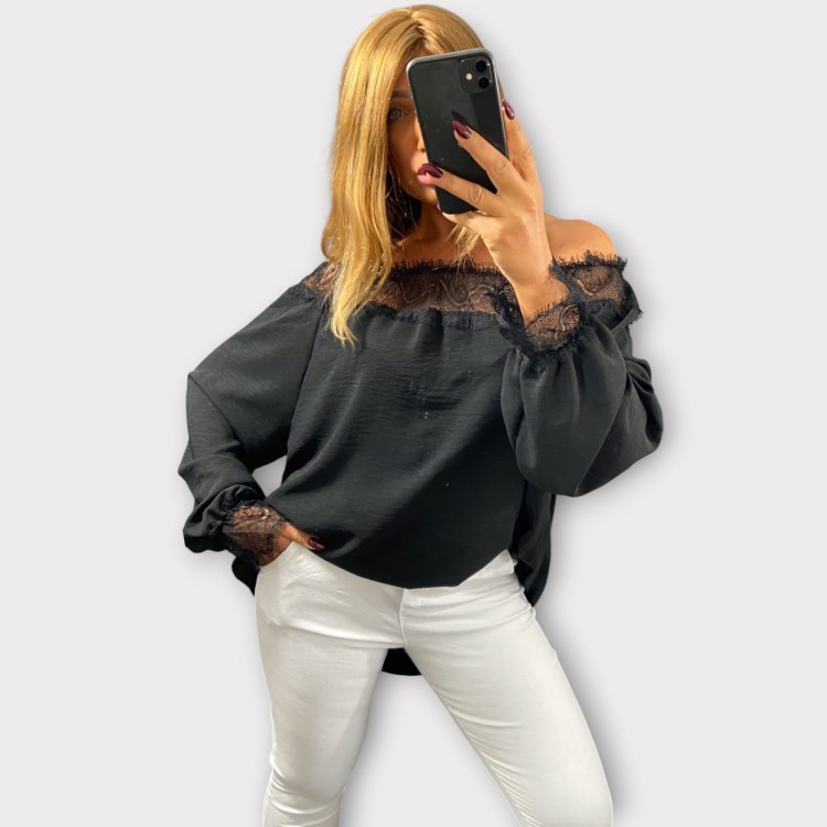 Bluzka Hiszpanka z Koronką Czarna CALIENA Plus Size – zdjęcie 4