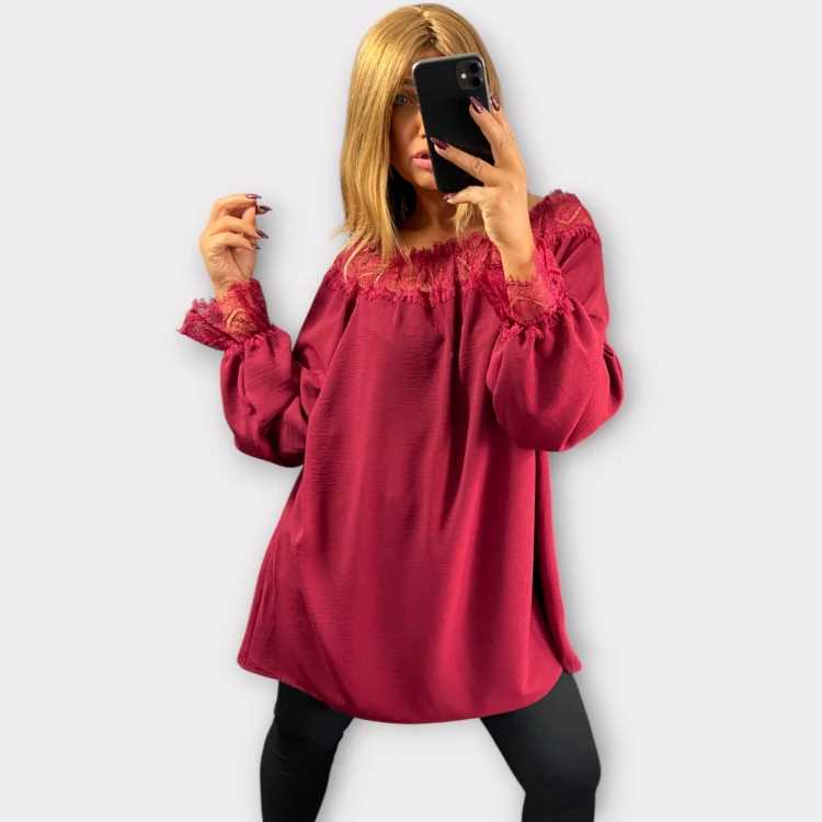 Bluzka Hiszpanka z Koronką Bordowa CALIENA, Plus Size, Luźna – zdjęcie 4