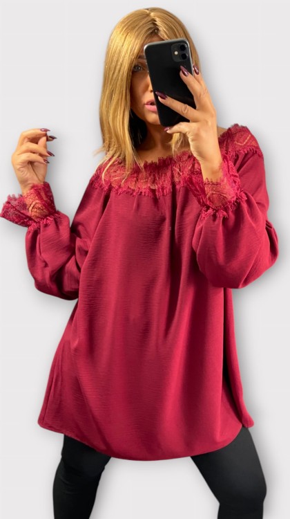 Bluzka Hiszpanka z Koronką Bordowa CALIENA, Plus Size, Luźna – zdjęcie 2