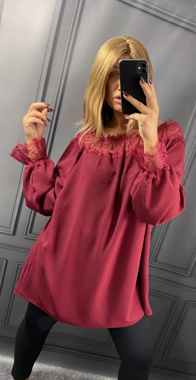 Bluzka Hiszpanka z Koronką Bordowa CALIENA, Plus Size, Luźna – zdjęcie 6