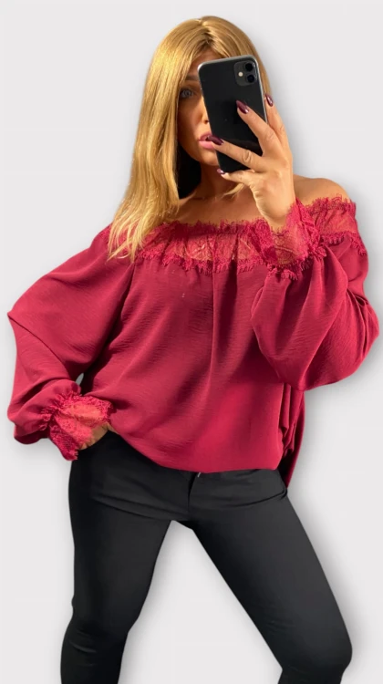 Bluzka Hiszpanka z Koronką Bordowa CALIENA, Plus Size, Luźna – zdjęcie 1