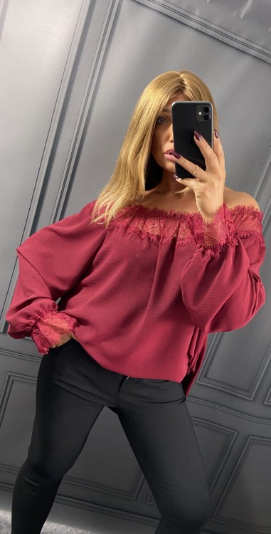 Bluzka Hiszpanka z Koronką Bordowa CALIENA, Plus Size, Luźna – zdjęcie 5