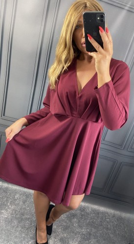 Sukienka Elegancka z Dekoltem Bordowa POXI, Rozkloszowana – zdjęcie 2