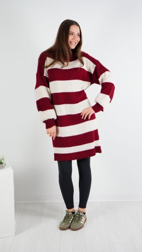 Sweter Sukienka w Bordowe Paski BRILO, Oversize – zdjęcie 1