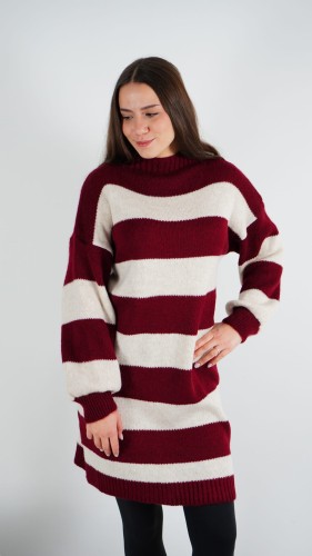 Sweter Sukienka w Bordowe Paski BRILO, Oversize – zdjęcie 2