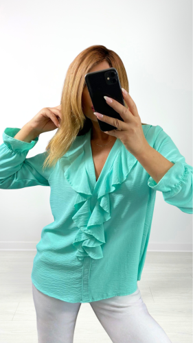 Bluzka Damska V-dekolt z Ozdobną Falbanką Miętowa DAFINA, Elegancka – zdjęcie 1