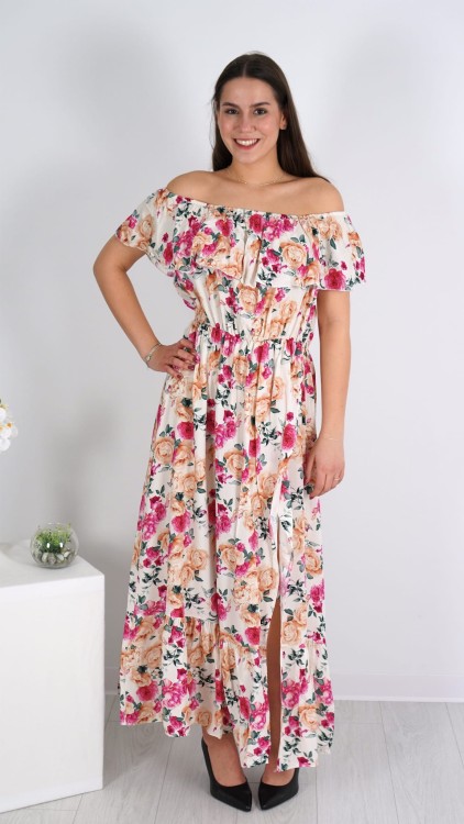 Długa Sukienka Hiszpanka Kremowa w Kwiaty V3.1.JPG