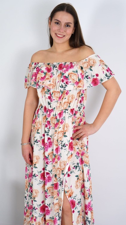 Długa Sukienka Hiszpanka Kremowa w Kwiaty V3.3.JPG
