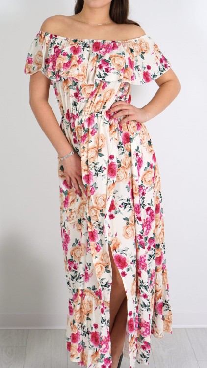 Długa Sukienka Hiszpanka Kremowa w Kwiaty V3.4.JPG
