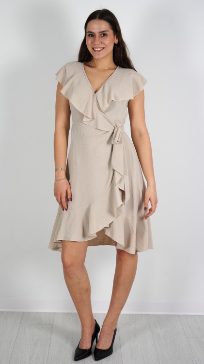 Sukienka Kopertowa z Falbanami Beżowa BABINO V4.1.JPG