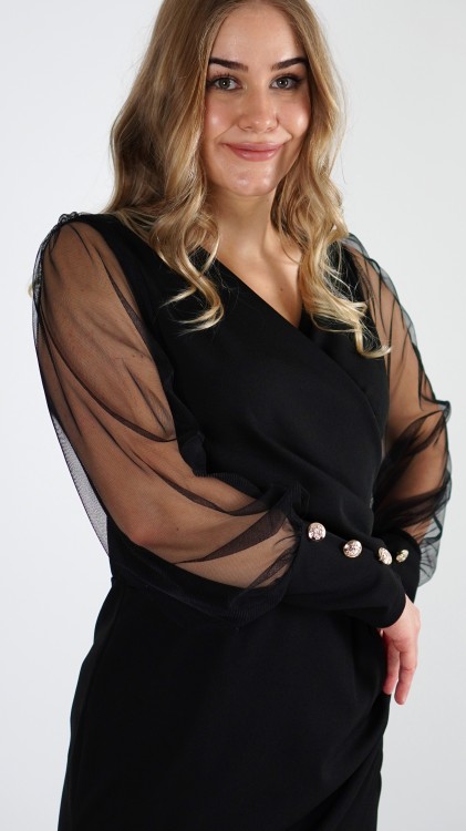 Sukienka Kopertowa z Przezroczystymi Rękawami Czarna VELIA V4.8.5.JPG