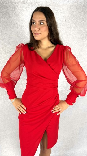 Sukienka Kopertowa z Przezroczystymi Rękawami Czerwona VELIA V3.7.12.jpeg