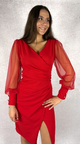 Sukienka Kopertowa z Przezroczystymi Rękawami Czerwona VELIA V3.7.13.jpeg