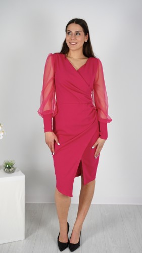 Sukienka Kopertowa z Przezroczystymi Rękawami Różowa VELIA V6.1.JPG
