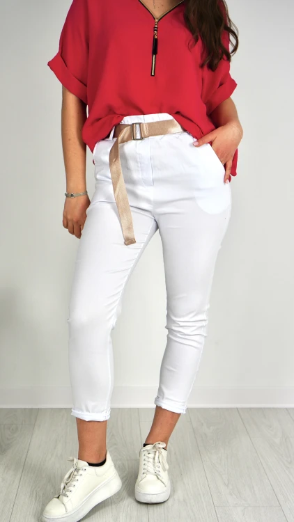 Spodnie Damskie z Paskiem Białe GNIEVI V1.2.JPG